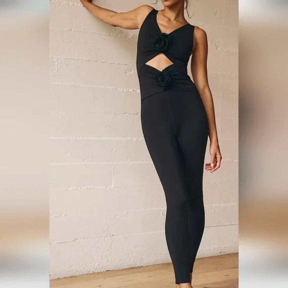 Free People FP MOVEMENT Lace Me Up One Piece Jumpsuit in Black Size Small NWOT